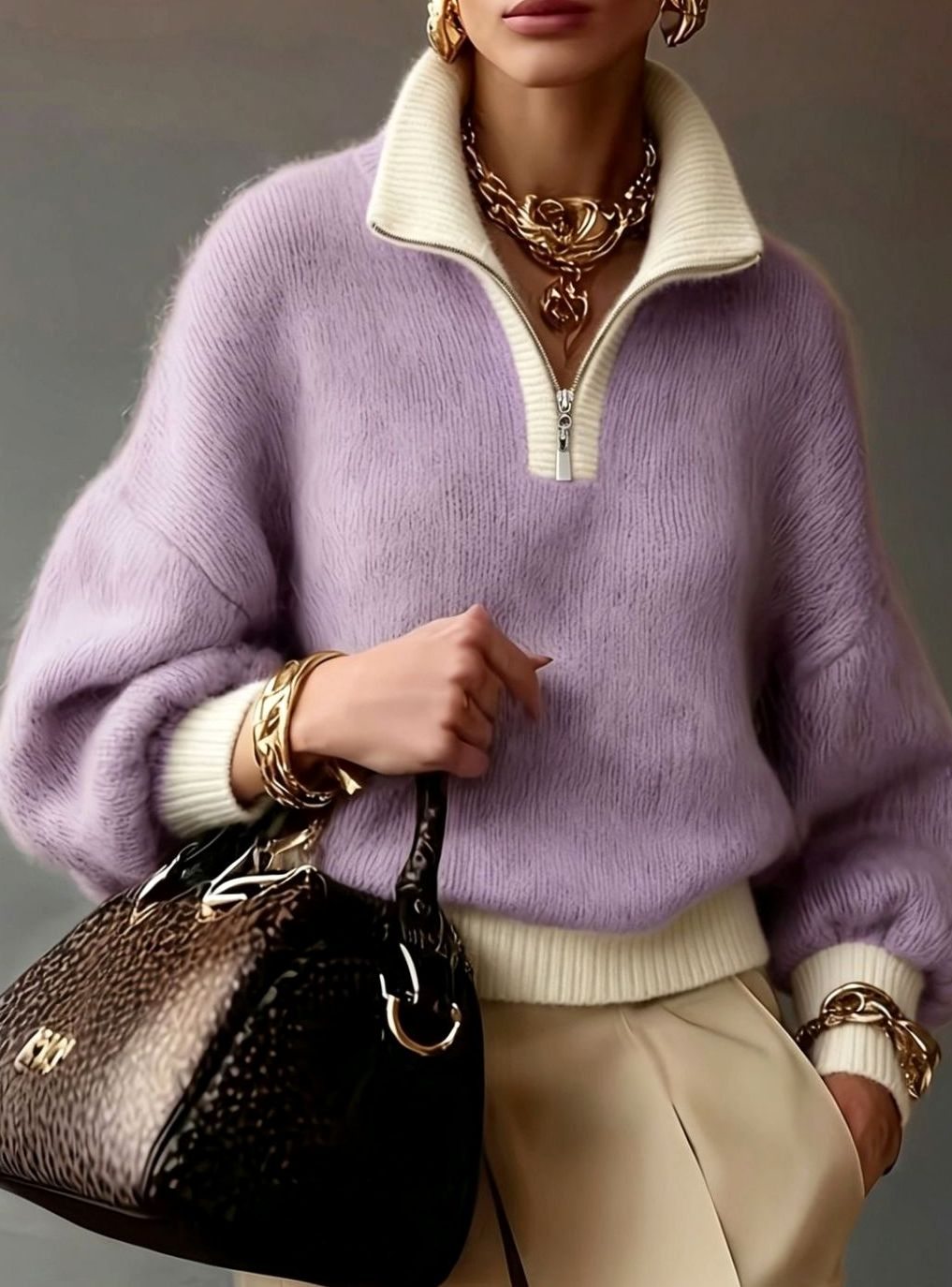 Eleanor | Women's Relaxed Half-Zip Fuzzy Knit Pullover Sweater