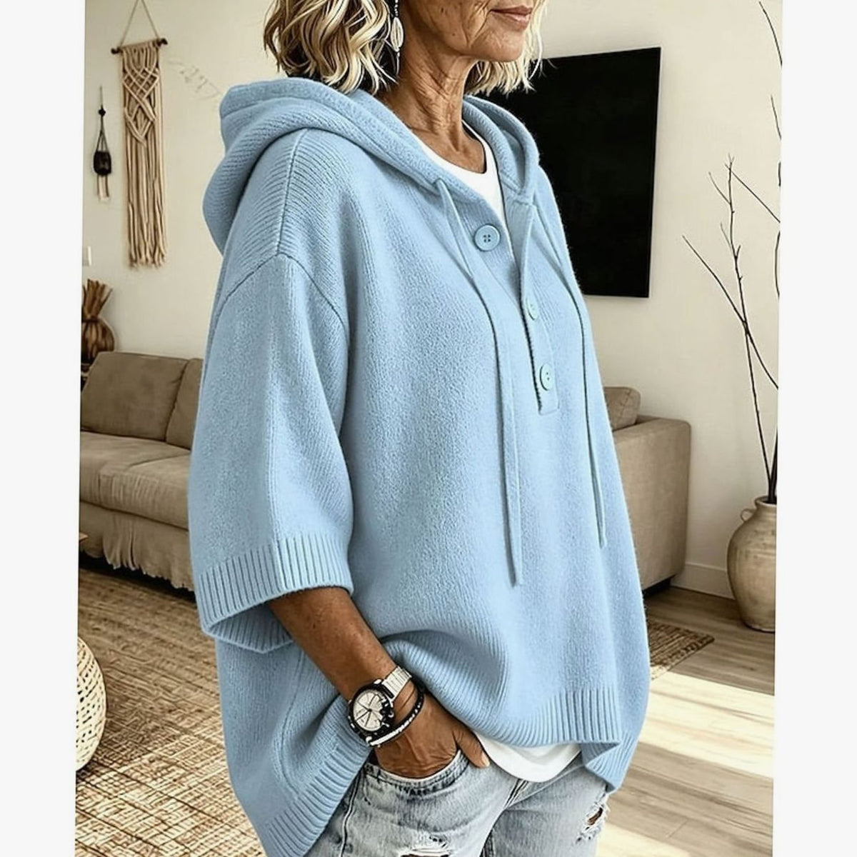 Charlotte | Women's Relaxed Hooded Knit Sweater Half-Button 3/4 Sleeve