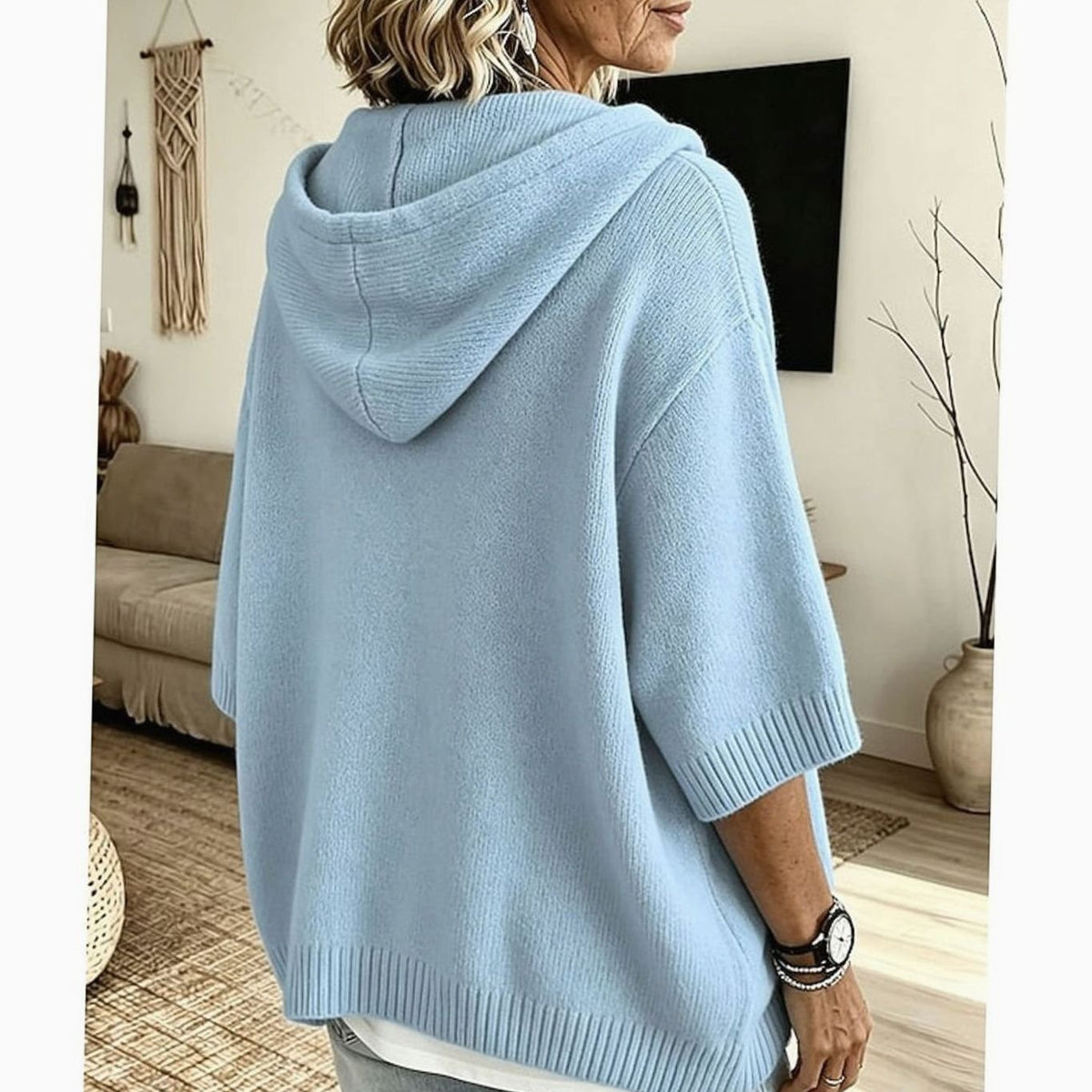 Charlotte | Women's Relaxed Hooded Knit Sweater Half-Button 3/4 Sleeve