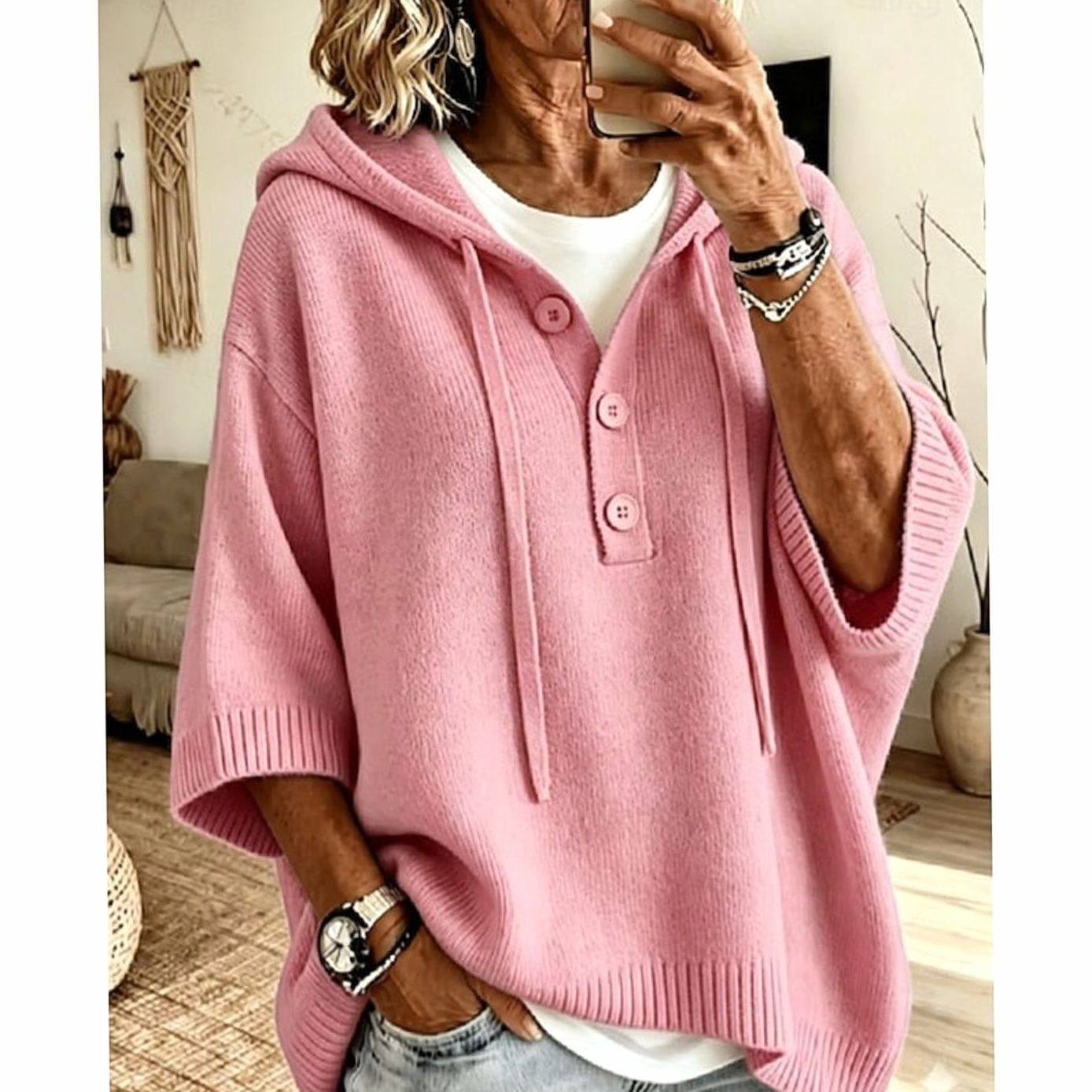 Charlotte | Women's Relaxed Hooded Knit Sweater Half-Button 3/4 Sleeve