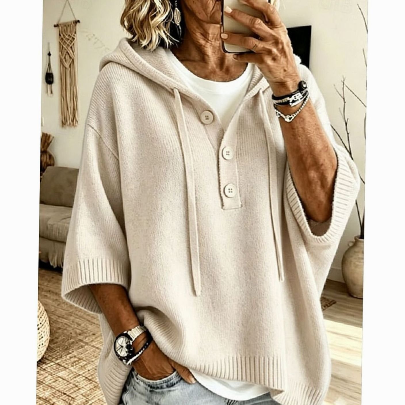 Charlotte | Women's Relaxed Hooded Knit Sweater Half-Button 3/4 Sleeve