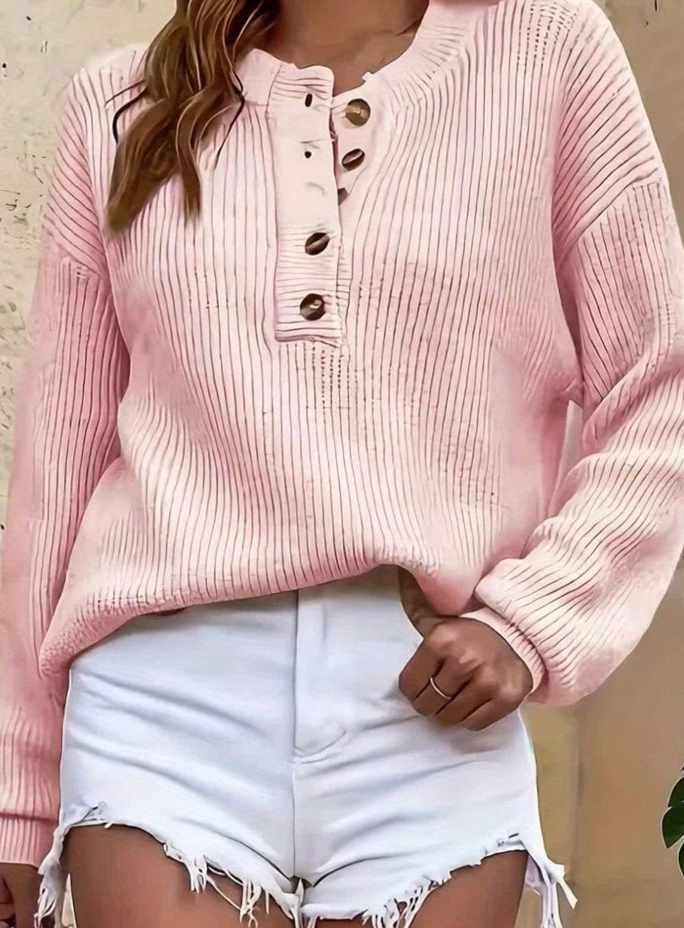 Eleanor | Women's Ribbed Henley Button-Neck Knit Sweater