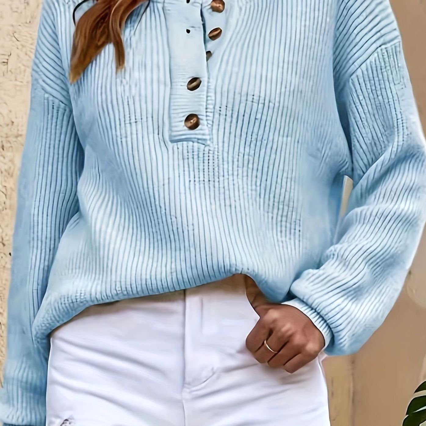 Eleanor | Women's Ribbed Henley Button-Neck Knit Sweater
