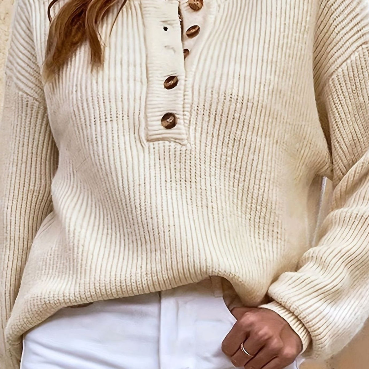 Eleanor | Women's Ribbed Henley Button-Neck Knit Sweater