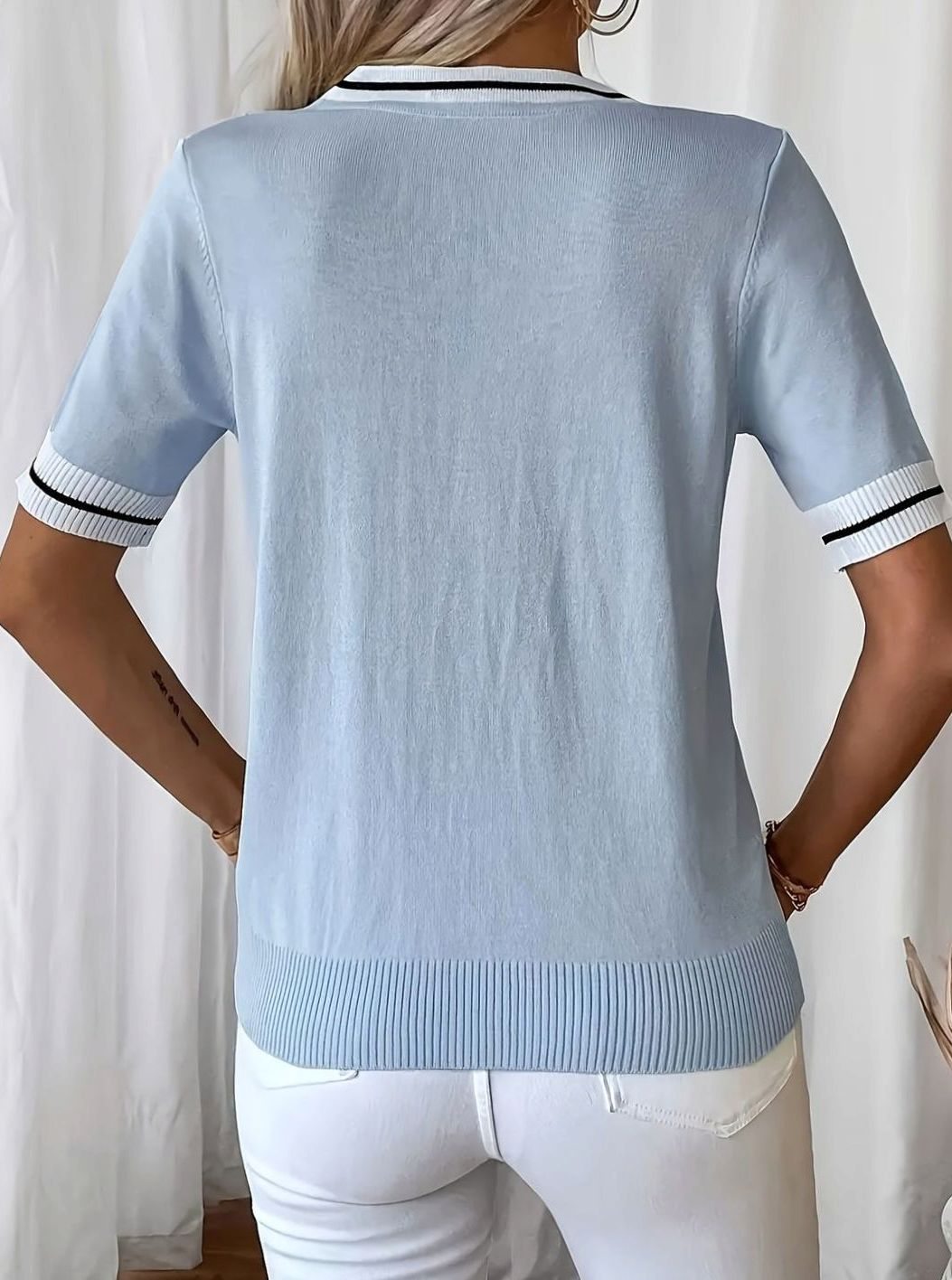 Grace | Women's V-Neck Contrast-Trim Tie-Front Short-Sleeve Sweater