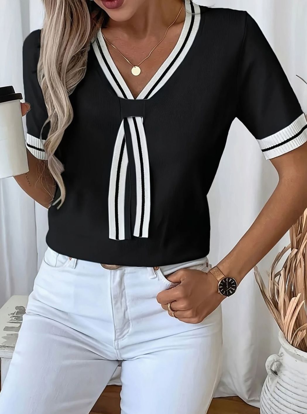 Grace | Women's V-Neck Contrast-Trim Tie-Front Short-Sleeve Sweater