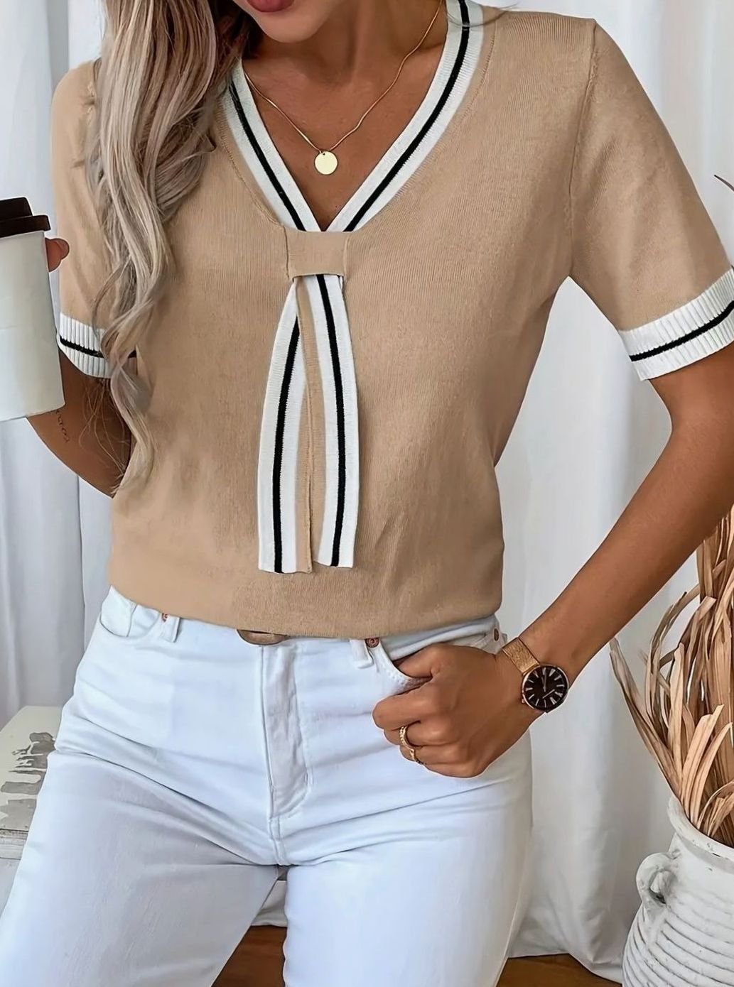 Grace | Women's V-Neck Contrast-Trim Tie-Front Short-Sleeve Sweater
