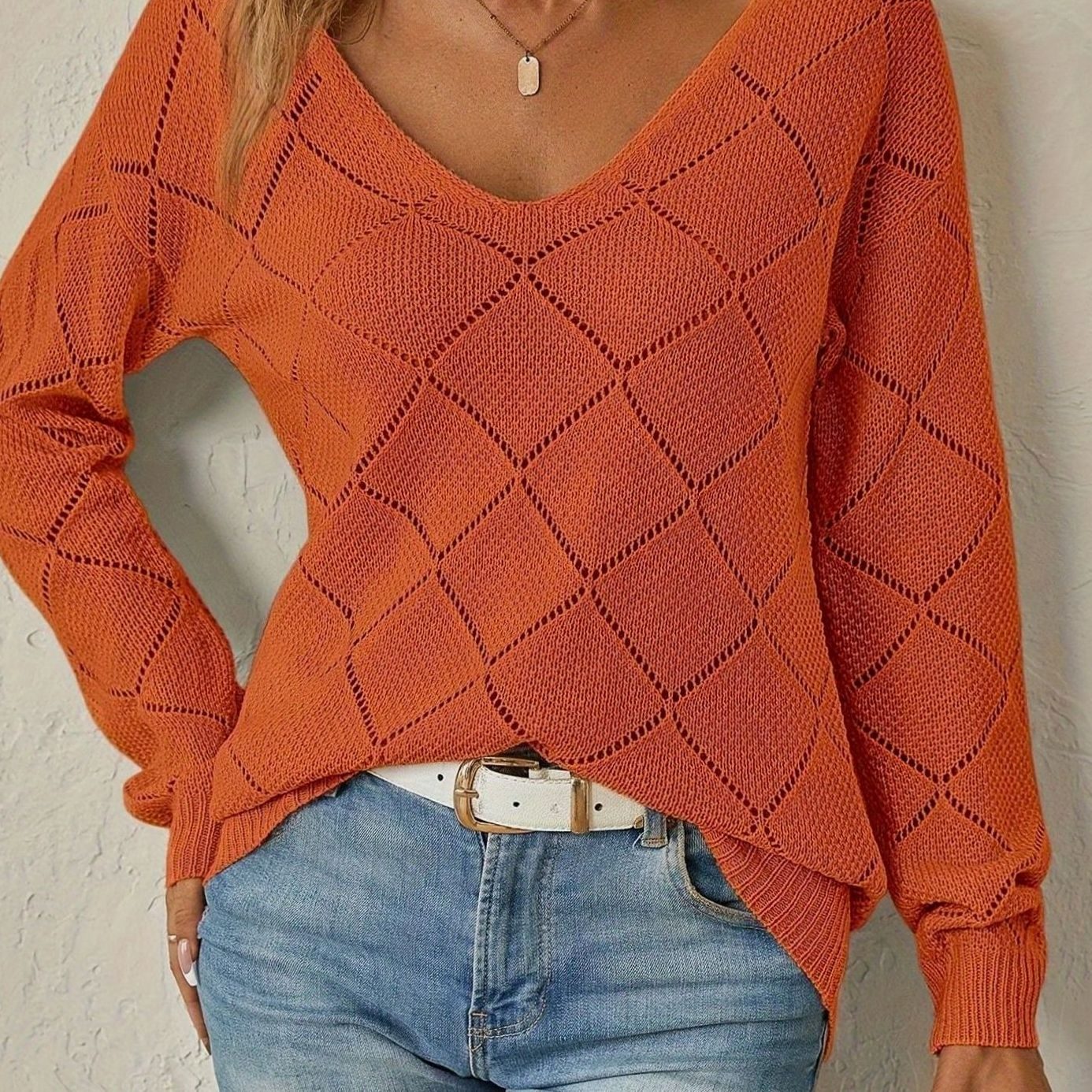 Olivia | Women's V-Neck Openwork Diamond-Knit Long-Sleeve Sweater