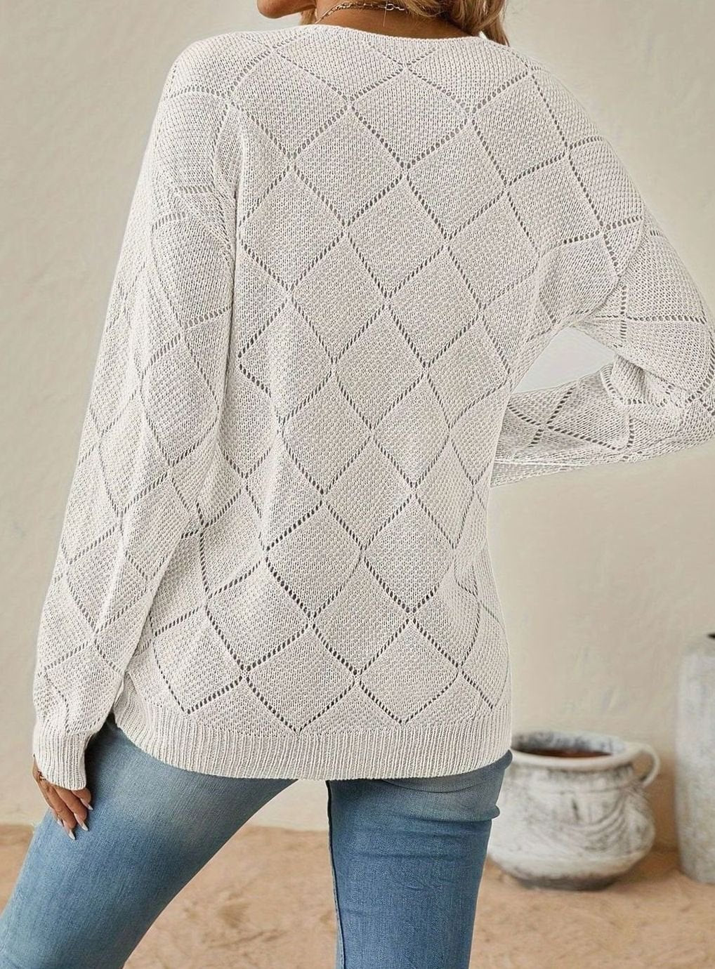 Olivia | Women's V-Neck Openwork Diamond-Knit Long-Sleeve Sweater