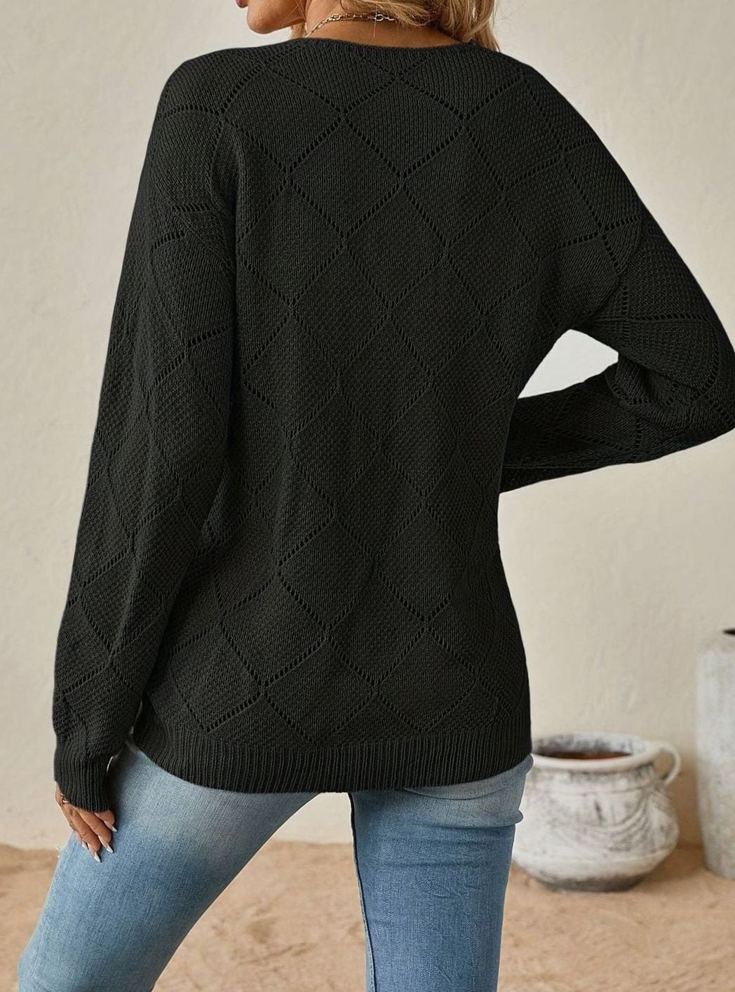 Olivia | Women's V-Neck Openwork Diamond-Knit Long-Sleeve Sweater