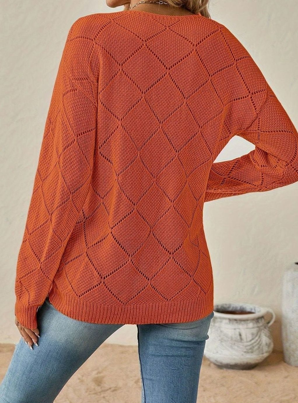 Olivia | Women's V-Neck Openwork Diamond-Knit Long-Sleeve Sweater