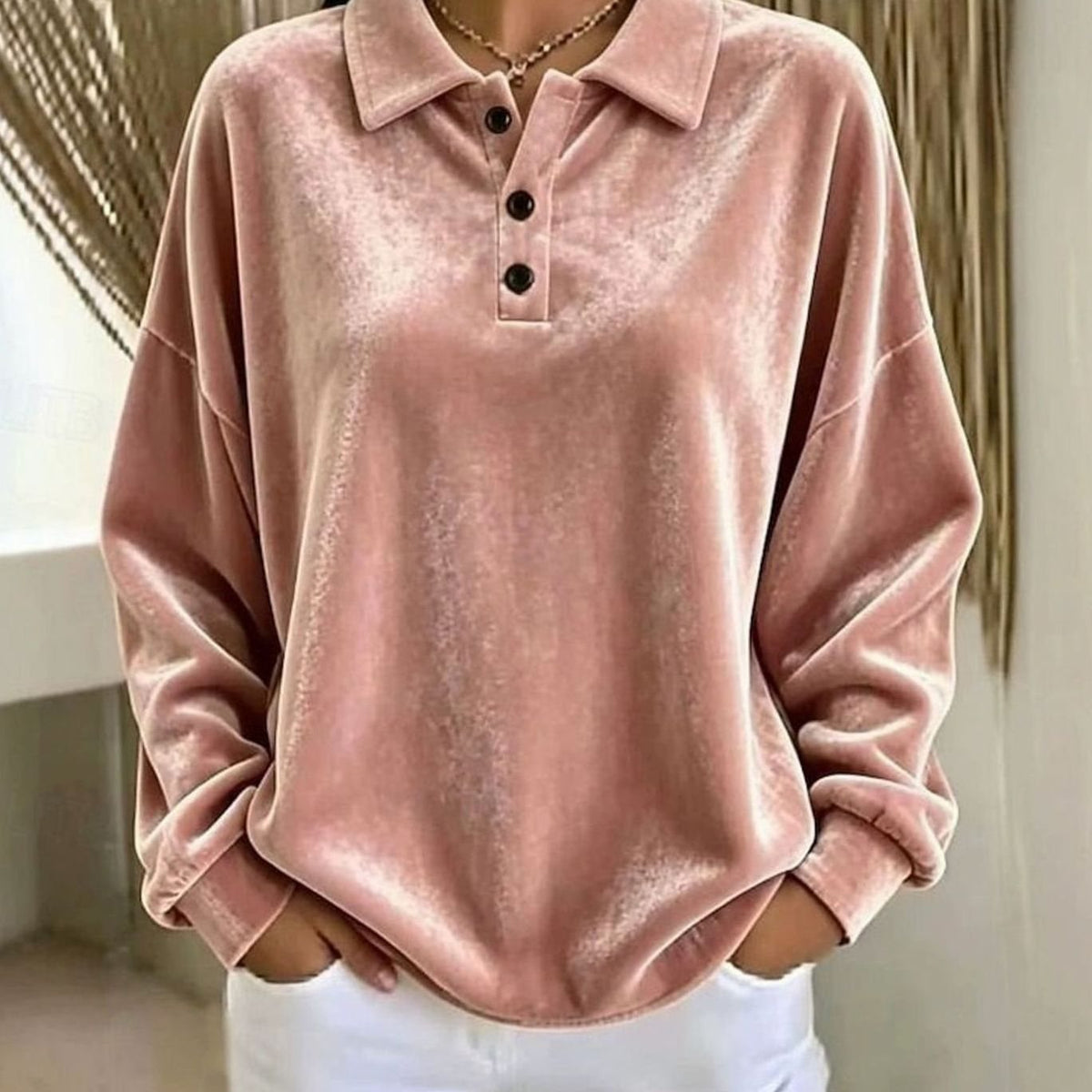 Layla | Women's Velvet Collared Button-Placket Relaxed Pullover Sweater